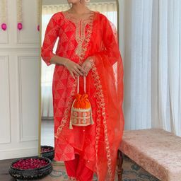 URMIR FASHION Women Bandhani Thread Work Silk Kurta with Trousers & Dupatta-picture-39