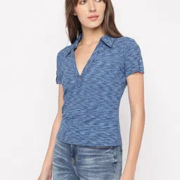 GUESS Women Abstract Printed Polo Collar Cotton Slim Fit T-shirt-image-6