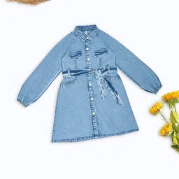 Pantaloons Junior Girls Cotton Tie-Ups Pocket Detailing Knee length Shirt Dress-picture-43