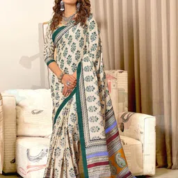 DIVASTRI Women Floral Block Print Cotton Blend Saree-picture-29