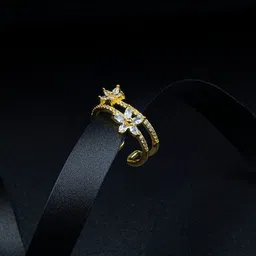 ARTKLIM Gold-Plated Floral Double Band American Diamond Studded Adjustable Finger Ring-40