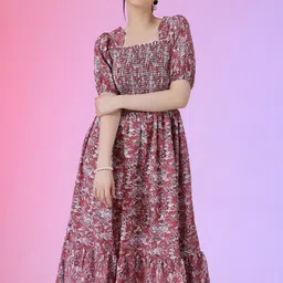 Femvy Women Floral Print Puff Sleeve Fit & Flare Midi Dress-image-101