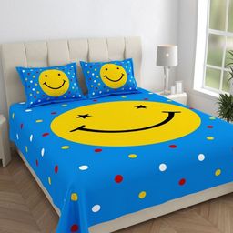 Monik Handicrafts Blue & Yellow Printed 144 TC Cotton King Bedsheet Set 2.28 m x 2.62 m-image-66