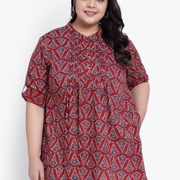 Indietoga Women Plus Size Abstract Printed Mandarin Collar Cotton Top-9