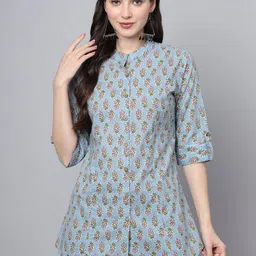 BAESD Floral Print Mandarin Collar Roll-Up Sleeves Ethnic Cotton Top-picture-17