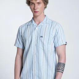 Double Two Men Relaxed Fit Vertical Striped Cuban Collar Cotton Casual Shirt-image-98
