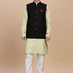 Anouk Mandarin Collar Straight Kurta With Pyjama & Nehru Jacket-1