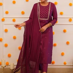 RUNAYA NX Floral Embroidered Beads & Stones Straight Kurta With Trousers & Dupatta-42