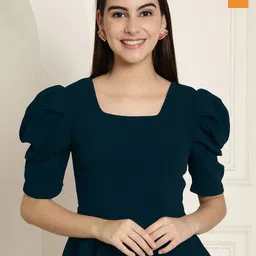 TromkoWomen Solid Color Square Neck Puff SleevesPeplum Top-image-97