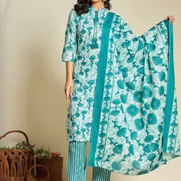 FLAMBOYANT Floral Printed Tie-Up Neck Pure Cotton Kurta With Trousers & Dupatta-picture-27