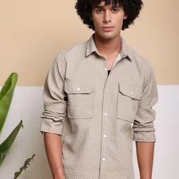 FILO HEVIS Men Classic Spread Collar Textured Pocket Detailing Cotton Casual Shirt-image-76