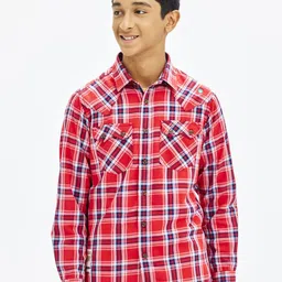 NO MONDAYS Boys Relaxed Spread Collar Tartan Checked Cotton Casual Shirt-image-83