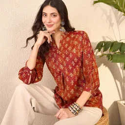 KALINI Print Mandarin Collar Ethnic Top-image-9
