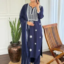 KALINI Floral Embroidered Thread Work Straight Kurta With Trouser And Dupatta-picture-48