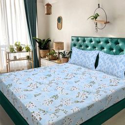 Aura Blue & White Floral Printed 300 TC Double King Bedsheet Set-2.50 m X 2.25 m-picture-20