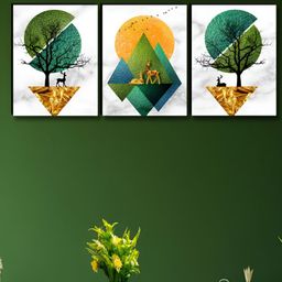 Aura White & Green 3 Pieces Tree Deer Printed Wooden Wall Paintings-image-82