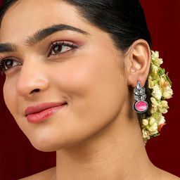 TEEJH Silver-Plated Classic Artificial Stone Studded Oxidised Chandbalis Earrings-40