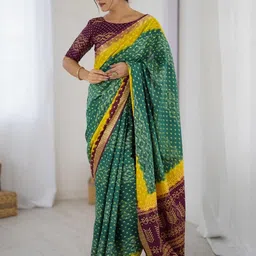 KALINI Bandhani Emblelished Green Pure Cotton Saree-image-75