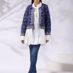 Nyaro Women Geometric Open Front Jacket with Embroidered-17