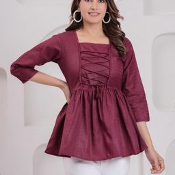 SZN Women Burgundy Printed Square Neck Peplum Top-picture-13