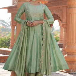 KALINI Embroidered Thread Work Pure Silk Anarakli Kurta With Trousers & Dupatta-picture-47