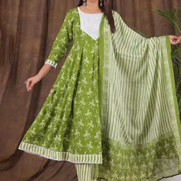 PARTHVI Floral Printed Mirror Work Anarkali Kurta with Trousers & Dupatta-image-57