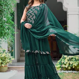 GRISHU COLLECTION Geometric Embroidered Empire Silk Georgette Kurta With Sharara & Dupatta image 5