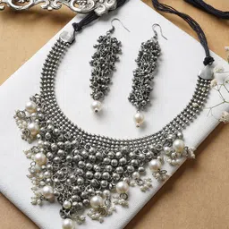 TEEJH Pearl Beaded Oxidised Jewellery Set-34