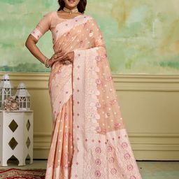 KAYOMMI Ethnic Motifs Printed Zari Pure Cotton Banarasi Saree-picture-18