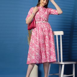 Ramas Floral Print Mandarin Collar Fit and Flare Midi Dress-image-70