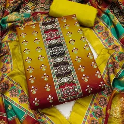 KALINI Yellow France Silk Digital Print Mirror & Diamond Work Unstitched Dress Material-image-33