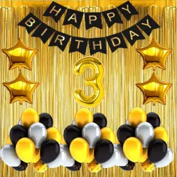 Solid No 3 Gold Foil Balloons with Happy Birthday Decoration Items or Kit Black Banner Set of 13 Letters with 100 HD Metallic Gold , Silver & Black Balloons Decoration + 4 Gold Star shape Foil Balloons for Party Decoration for Boys ,Girls & Kids + 2 Gold Fringe Curtains + 3rd Birthday or 3rd Year Birthday Gold Foil Balloons Balloon-8