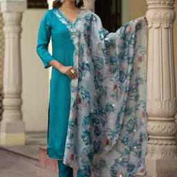 HERE&NOW Women Floral Embroidered Regular Thread Work Kurta with Trousers & With Dupatta-6