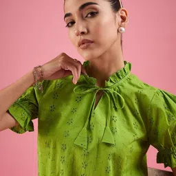 DressBerry Print Tie-Up Neck Cotton Shirt Style Top-56