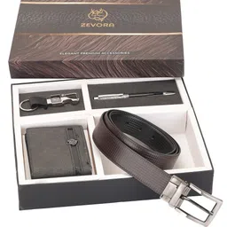 ZEVORA Men Reversiable Brown & Black Belt With Wallet, Keychain and Pen Gift Set-image-100