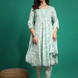 V.S.Creation Floral Printed V-Neck Pure Cotton Anarkali Kurta With Trousers & Dupatta-image-51