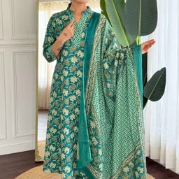 SIJOPA Floral Printed Mandarin Collar Pure Cotton A-Line Kurta & Trousers With Dupatta-22