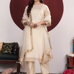 Varanga Floral Embroidered Round-Neck Straight Kurta With Trousers & Dupatta-image-36