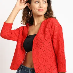 Moonaa Fashion Self Design V-Neck Open Front Crop Cotton Shrug-55