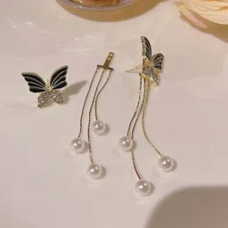 Celestique Cubic Zirconia Studded & Pearls Beaded Animal Shaped Korean Drop Earrings-10