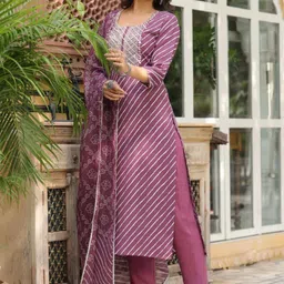 Anni Designer Leheriya Printed Regular Thread work Straight Kurta with Trousers & Dupatta image 4