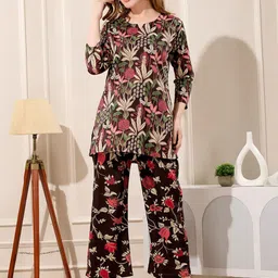 NIGHT FLOSS Tropical Printed Notch Neck Pure Cotton Tunic With Palazzo-picture-33