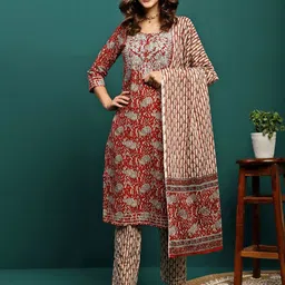 Sangria Maroon Floral Printed Pure Cotton Straight Kurta With Trousers & Dupatta-18