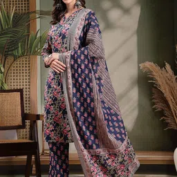 HERE&NOW Floral Printed Block Print V-Neck Pure Cotton Kurta With Trousers & Dupatta-picture-40