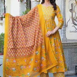 SHIFORY Floral Printed Pure Cotton A Line Kurta With Trousers & Dupatta-51