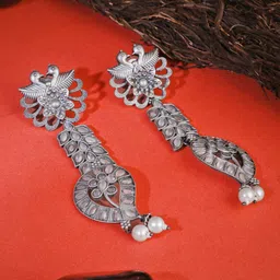 Sangria Silver-Plated Artificial Stones Studded And Pearls Beaded Oxidised Drop Earrings-85