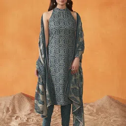Anouk Geometric Printed Straight Kurta With Trouser And Dupatta-1