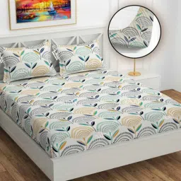 yaakholic White Floral 240 TC Cotton Blend Fitted Queen Bedsheet with 2 Pillow Covers-picture-31