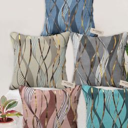 Blue Grass Green & Gold-Toned 5 Pieces Abstract Velvet Square Cushion Covers-image-71