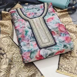 HERE&NOW Floral Printed Beads And Stones Organza Unstitched Dress Material-image-42